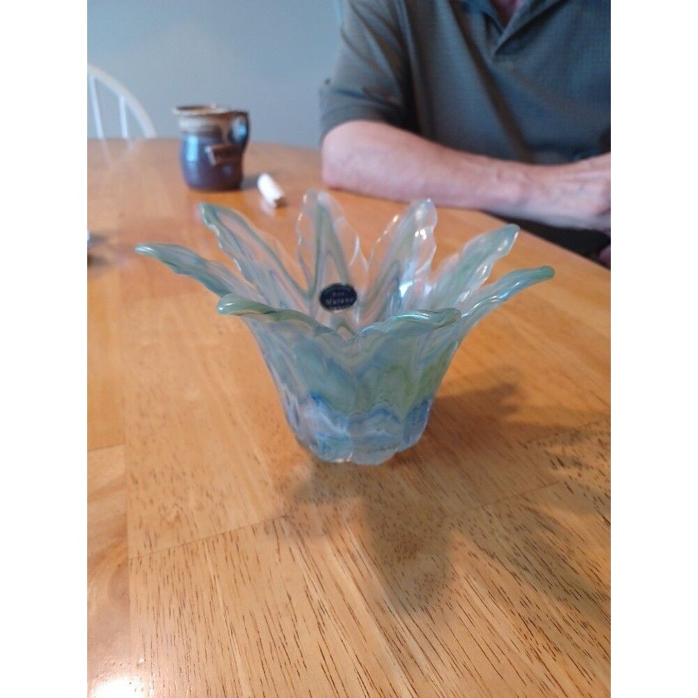Murano Art Leaf Petal Bowl - Made In Italy - Green / Blue Swirl Glass